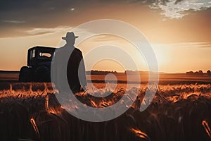 silhouette of old man standing around a tractor in a field of wheat after harvesting at sunset. Generative AI