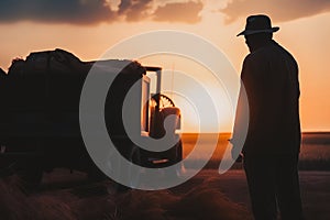 silhouette of old man standing around a trailer in a field of wheat after harvesting at sunset, Generative AI