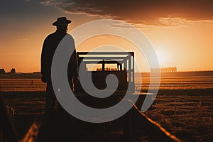 silhouette of old man standing around a trailer in a field of wheat after harvesting at sunset, Generative AI