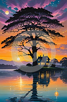 Silhouette of old tree and house, againts evening's canvas, twilight on water and sky, sunlight glows, painting art