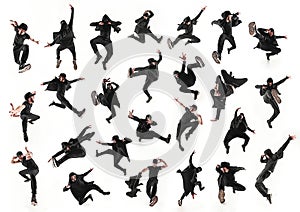 The silhouette of one hip hop male break dancer dancing on white background