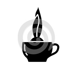 Silhouette Onion plant in tea cup. Outline icon of growing bulb flowers in dish. Black illustration of cute home garden, seedlings