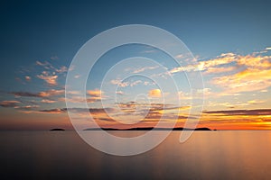 Silhouette of Ons Island in Galicia at dusk, Spain