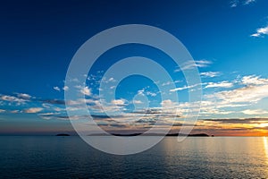 Silhouette of Ons Island in Galicia at dusk, Spain