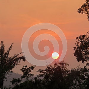 Silhouette orange sunset and yellow fireball