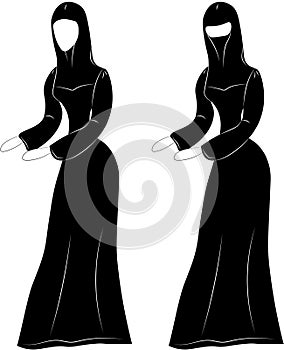 Silhouette of oriental Muslim woman in national clothes on isolated background.