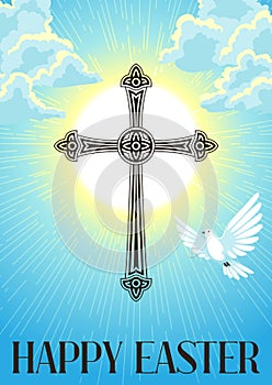 Silhouette of ornate cross with dove. Happy Easter concept illustration or greeting card. Religious symbol of faith