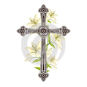 Silhouette of ornate cross with lilies. Happy Easter concept illustration or greeting card. Religious symbols of faith photo