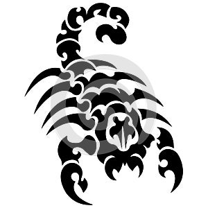 The silhouette, outline of a black scorpion on a white background is drawn with lines of various widths. Logo arachnids scorpion