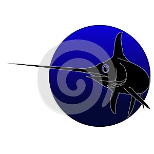 A silhouette of an outlined swordfish in a blue circle