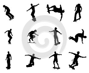 Silhouette outlines of skating skateboarders