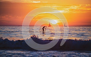 Silhouette of paddle board. Tropical beach sea ocean with sunset or sunrise for summer travel vacation. Ocean seascape.