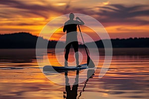 silhouette of paddleboarder against sunset reflections on lake