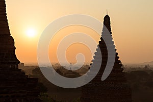 Silhouette of pagodas and sunrise in Bagan