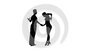 Silhouette pair dancers perform ballroom dance, white background, slow motion