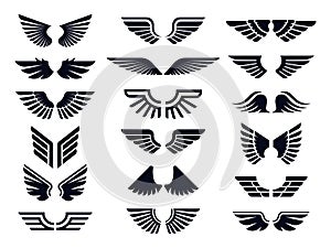 Silhouette pair of wings icon. Angel wing, decorative fly emblem and eagle stencil symbols vector icons bundle