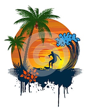Silhouette of palm and surfer on tropical sunset