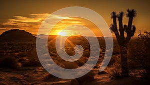 Silhouette of palm tree on arid mountain range at dusk generated by AI