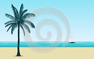 Silhouette palm tree on beach at noon with blue color sky in flat icon design background