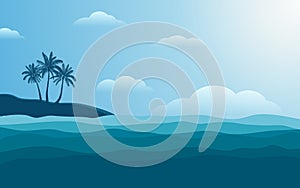 Silhouette palm tree on shore at noon with blue color sky in flat icon design background