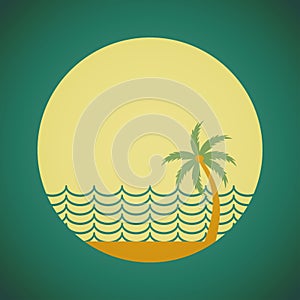 Silhouette palm tree and sunset sky at the ocean in flat icon design with vintage filter background