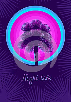 Silhouette of a palm tree and tropical sunset on violet background. Flyer for night club with copy space