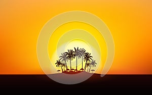 Silhouette palm tree and umbrella on island under sunset sky background