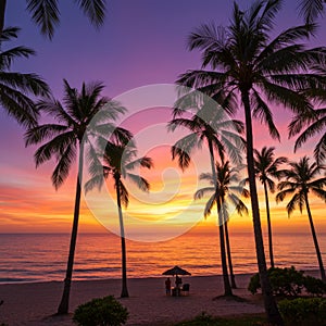 Silhouette of Palm Trees on Tropical Beach at Sunset