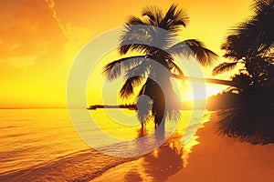 Silhouette of palm trees on a tropical island beach, sunrise shot