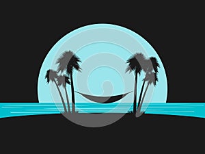 Silhouette of palms with a hammock on the beach. Beach vacation. Design template leisure, tourism. Vector