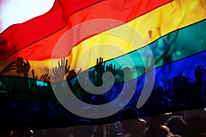 silhouette of a parade of gays and lesbians with a rainbow flag - symbol of love and tolerance