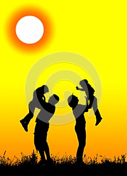 Silhouette of parents and children having fun spending time.