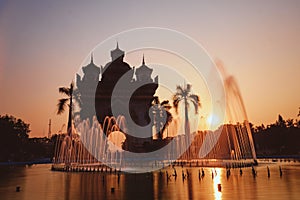 Silhouette of the Patuxai victory gate in Vientiane Laos during sunset