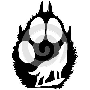 Silhouette of a paw of a beast inside a howling wolf drawn in a flat style. Design for tattoo, logo, emblem