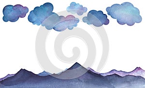 Silhouette peaked mountain ranges under cute cartoon blue clouds. Landscape decorative border element