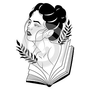 Silhouette of a pensive girl loving to read books. A symbol of curiosity and wisdom. Decoration design for paintings, tattoos