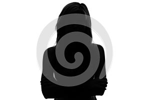 Silhouette of a pensive woman on a white background