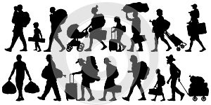 Silhouette people with bags and suitcases. Person with backpack. Isolated set of vector illustration
