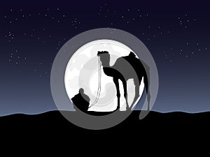 Silhouette of the people and the camel on the top of the hill has the moon and blue sky in the background