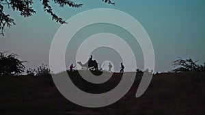 Silhouette of people with camels passing a mountain in Pushkar, Rajasthan