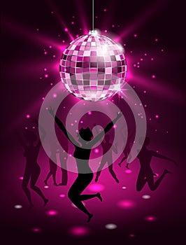Silhouette People Dancing in Night-club, Disco Ball, Glitter Party Background