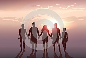 Silhouette People Group Stand Holding Hands Man And Woman Full Length Over Sunset Background