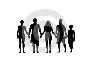 Silhouette People Group Stand Holding Hands Man And Woman Full Length Over White Background