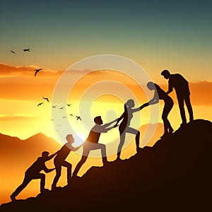 Silhouette of the people helping each others, cross the hill, symbol of a good teamwork, communication, goals achivement