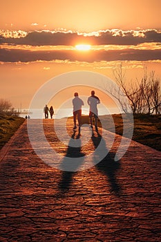 Silhouette of people jogging at sunset, healthy lifestyle background