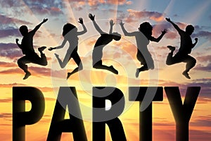 Silhouette of people jumping on the word party