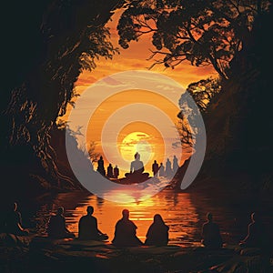 silhouette of people praying on mountains to buddha at sunset