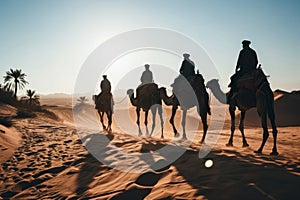 Silhouette people riding camels in desert native tuareg arabic african person Sahara wildlife tourist attraction Dubai