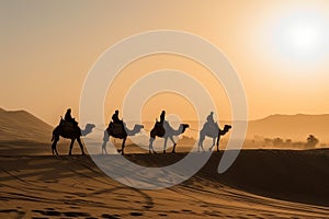 Silhouette people riding camels in desert native tuareg arabic african person Sahara wildlife tourist attraction Dubai