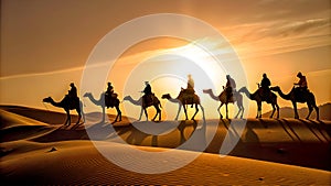 Silhouette of People Riding Camels in Desert With a Sunset View